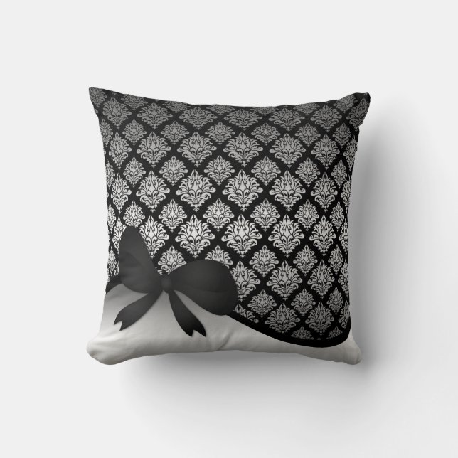 Silver Satin Damask black swirl Ribbon bow Throw Pillow (Front)