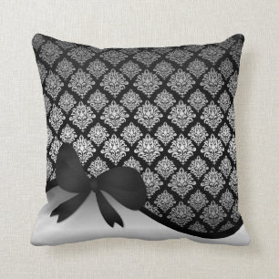Silver Satin Damask black swirl Ribbon bow Throw Pillow