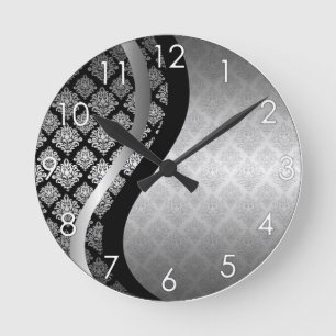 Silver Satin Damask black swirl Round Clock