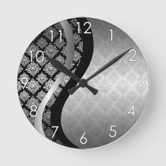 Silver Satin Damask black swirl Round Clock
