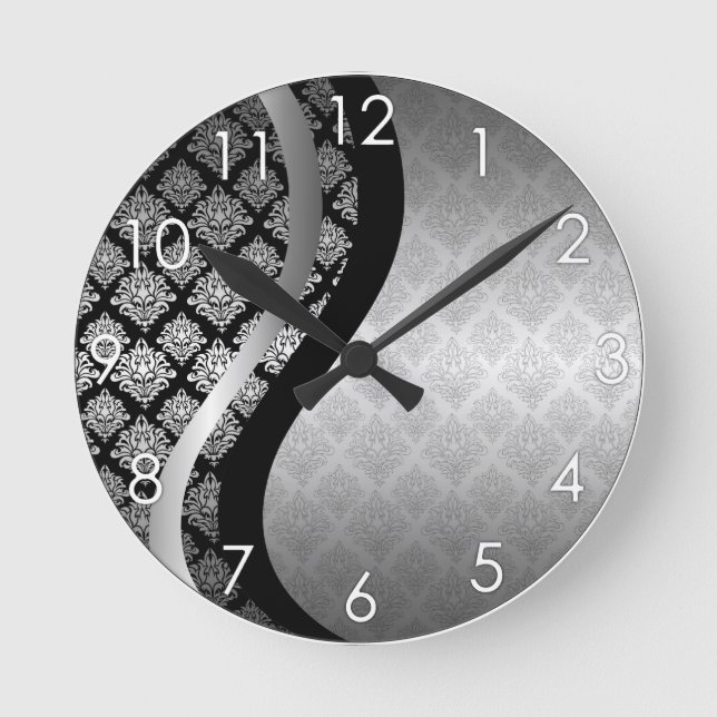 Silver Satin Damask black swirl Round Clock (Front)