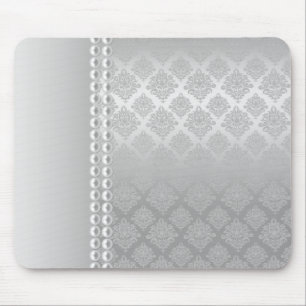 Silver Satin Damask White Pearls Fabric padfolio Mouse Pad