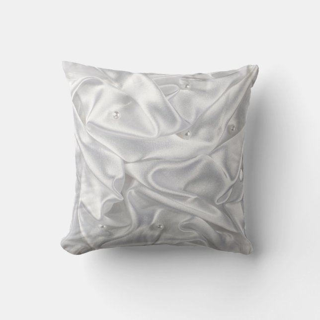 Silver Satin Fabric White Pearls Plush Throw Pillow (Front)