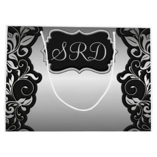 Silver Satin Flourish black & grey personalize Large Gift Bag