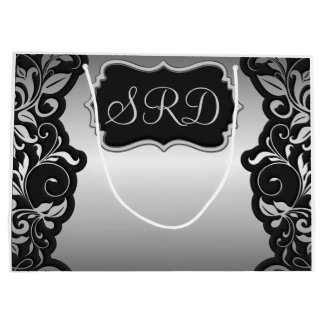 Silver Satin Flourish black & grey personalize Large Gift Bag