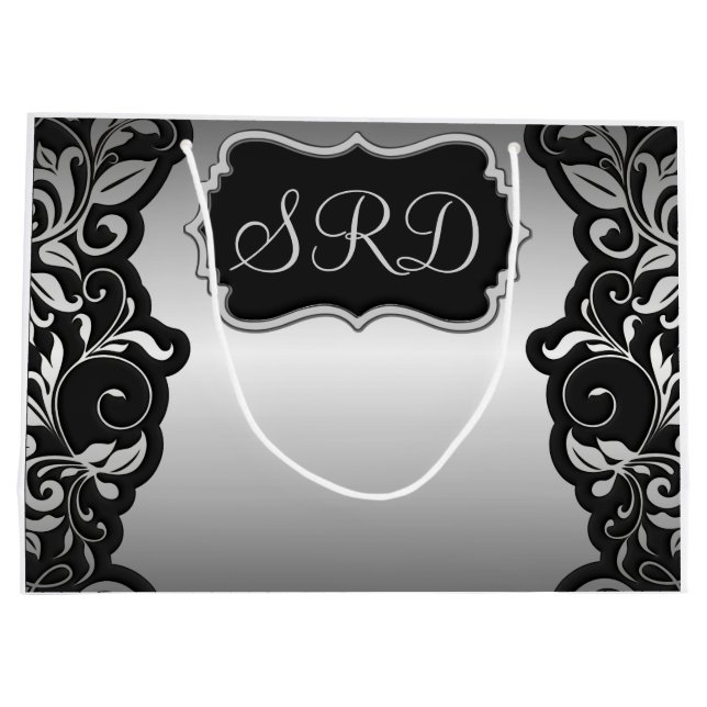 Silver Satin Flourish black & grey personalize Large Gift Bag (Back)