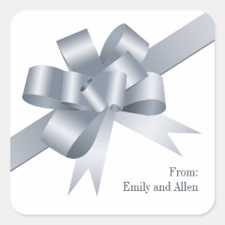 Silver satin gift bow ribbon Christmas holiday Square Sticker