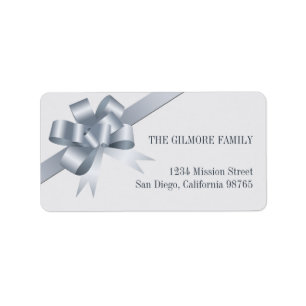 Silver satin gift bow ribbon holiday address label