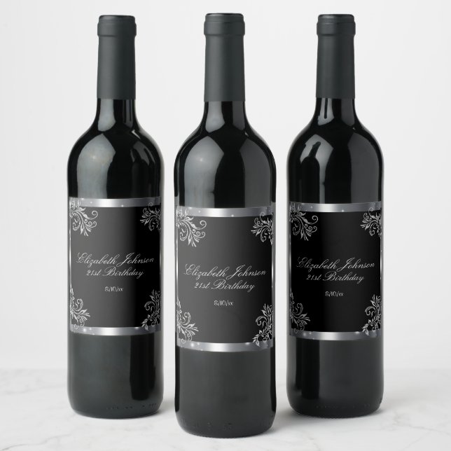 Silver Satin Glitter Scroll 21st Birthday  Wine Label (Bottles)