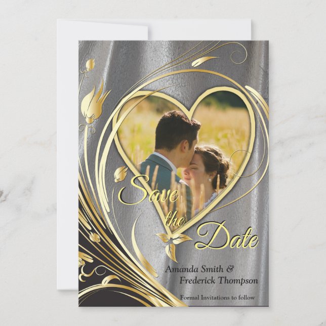 Silver satin  & Gold flower splendour Save The Date (Front)