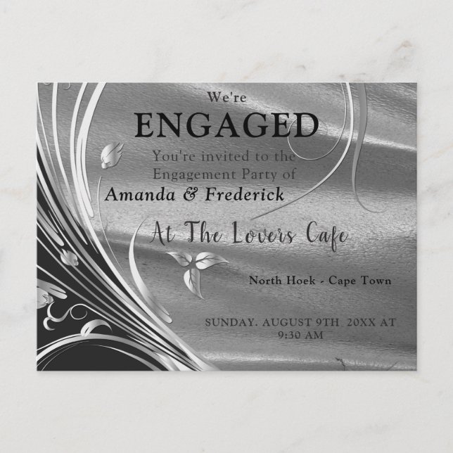 Silver Satin  & Sparkling Flower Engagement Invitation Postcard (Front)