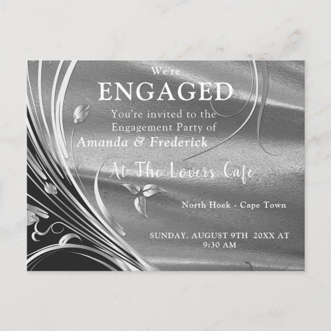 Silver Satin  & Sparkling Flower Engagement Invitation Postcard (Front)