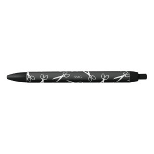 Silver Scissors Pattern Custom Initials Black Ink Pen