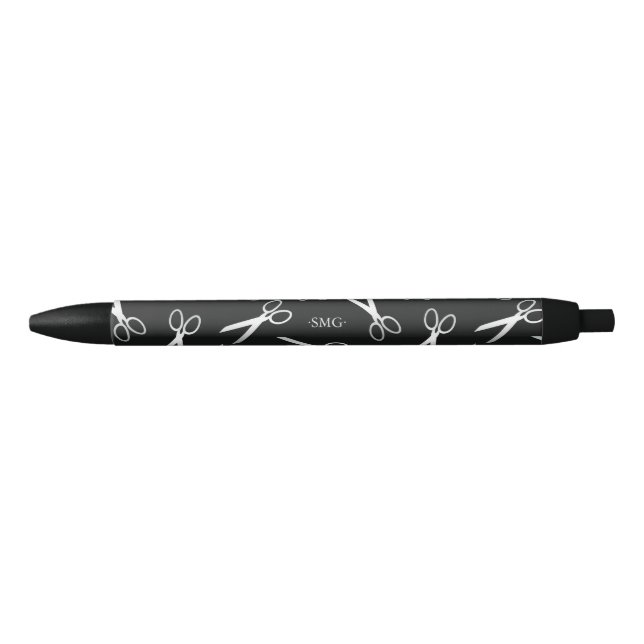 Silver Scissors Pattern Custom Initials Black Ink Pen (Front)