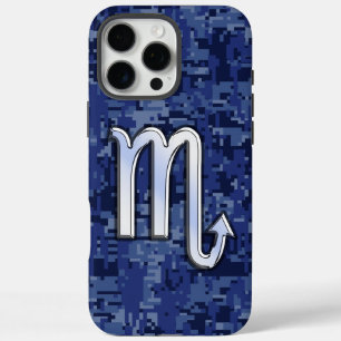 Silver Scorpio Zodiac Sign on Blue Camo iPhone 16 Pro Max Case
