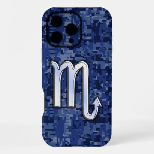 Silver Scorpio Zodiac Sign on Blue Camo iPhone 16 Pro Max Case