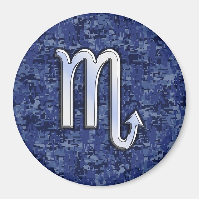 Silver Scorpio Zodiac Sign on Navy Blue Camo Magnet (Front)
