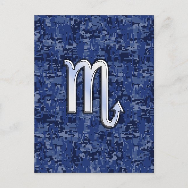 Silver Scorpio Zodiac Sign on Navy Blue Camo Postcard (Front)