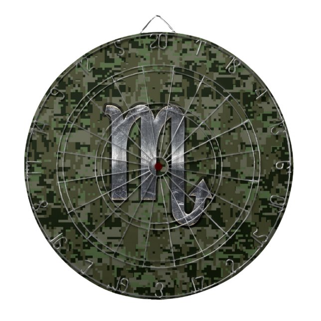Silver Scorpio Zodiac Sign Woodland Digital Camo Dartboard (Front)