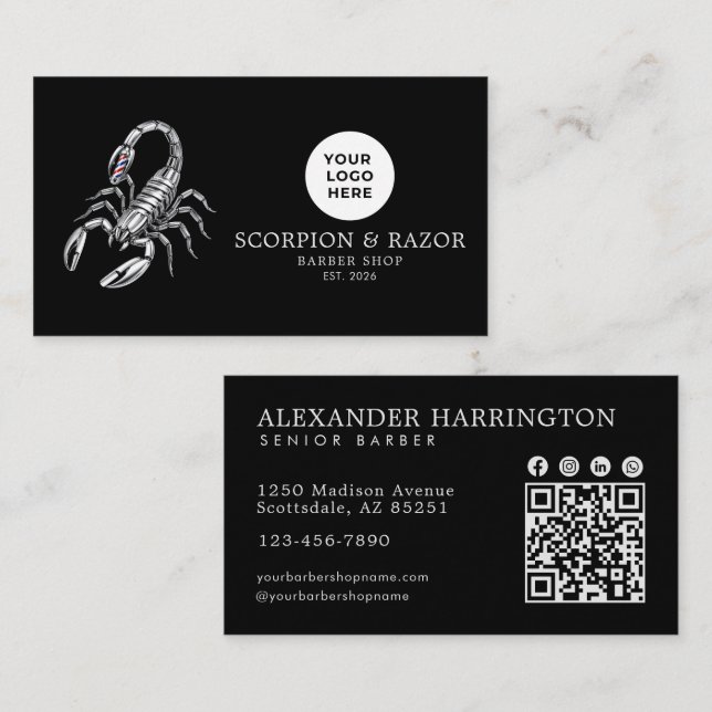 Silver Scorpion Professional Barber Shop Qr Code Business Card (Front/Back)