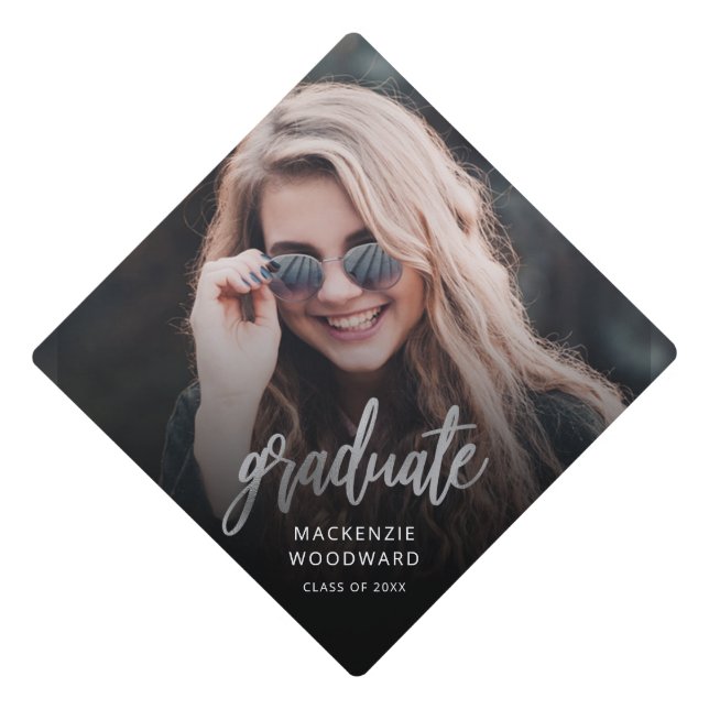 Silver Script Custom Photo Graduation Cap Topper (Front)
