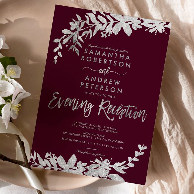 SIlver script floral burgundy evening reception Invitation (Creator Uploaded)