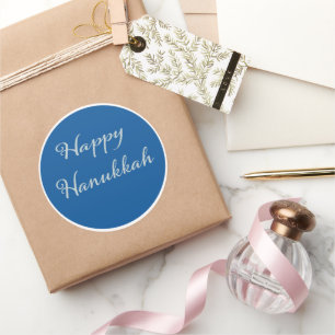 Silver Script Happy Hanukkah Tekhelet Blue Classic Round Sticker