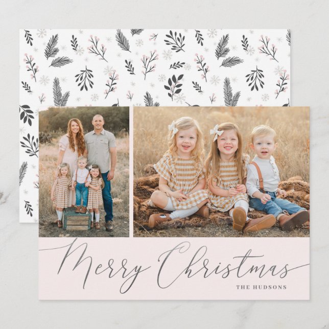 Silver Script Merry Christmas Elegant 2 Photo Holiday Card (Front/Back)