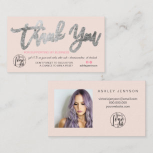Silver script photo logo pink order thank you business card