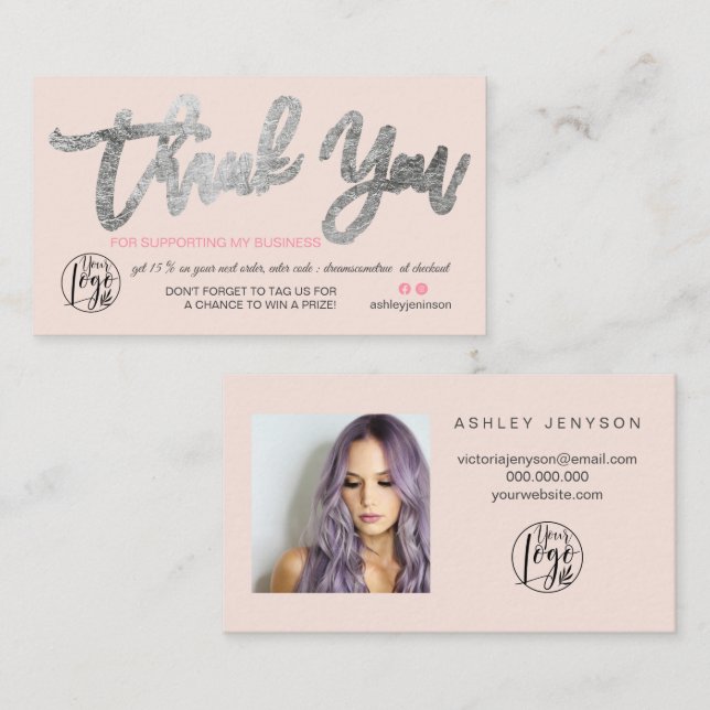Silver script photo logo pink order thank you business card (Front/Back)
