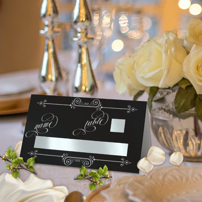 Silver Scroll Border & Calligraphy - Black Place Card (Creator Uploaded)