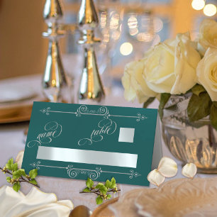 Silver Scroll Border & Calligraphy - Teal Place Card