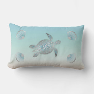 Silver Sea Turtle Beach Style Coastal Turquoise Lumbar Pillow