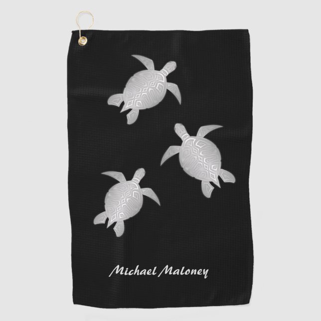 Silver Sea Turtle Black Monogram Coastal Golf Towel (Front)