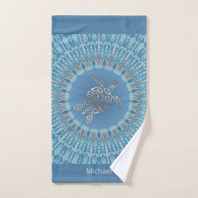 Silver Sea Turtle Blue Mandala Hand Towel (Hand Towel)