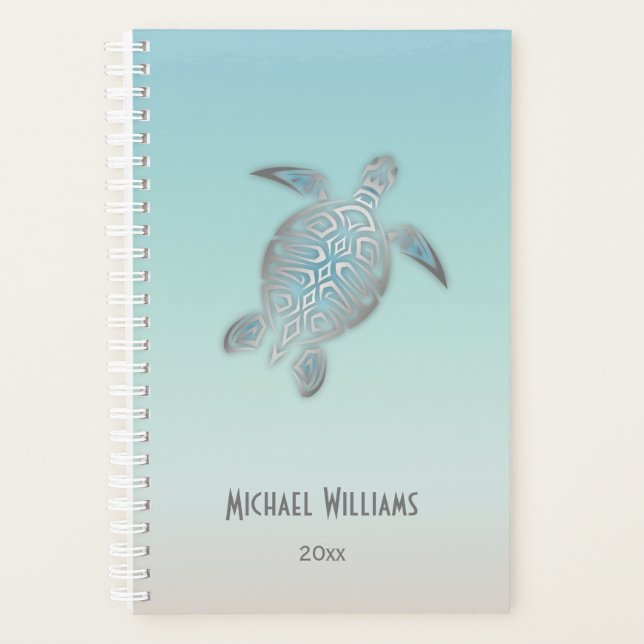 Silver Sea Turtle Coastal Add Name And Year Planner (Front)