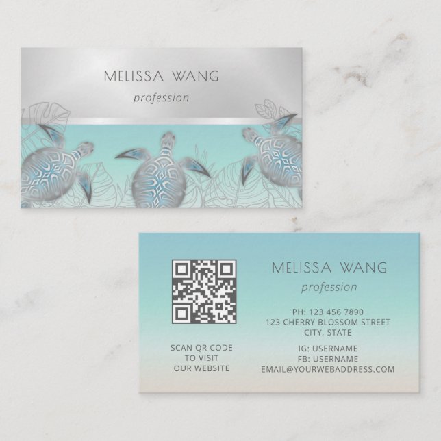 Silver Sea Turtle | Coastal QR Code Business Card (Front/Back)