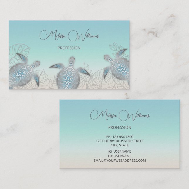 Silver Sea Turtle | Coastal Qr Code Business Card (Front/Back)
