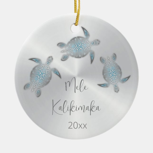 Silver Sea Turtle | Hawaiian Christmas Ceramic Ornament (Front)