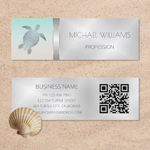 Silver Sea Turtle QR Code Beach Style Mini Business Card