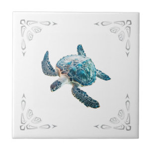 Silver Sea Turtle White Coastal  Tile