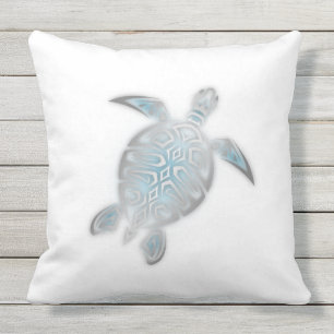 Silver Sea Turtle  White Outdoor Pillow