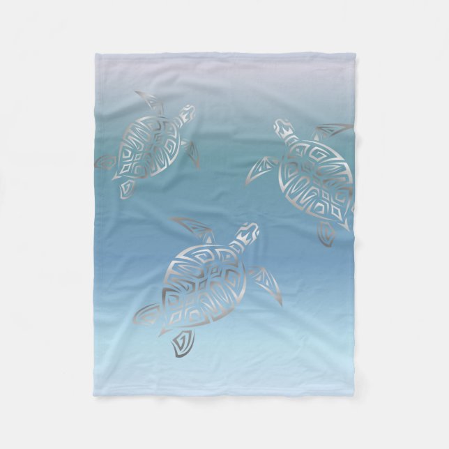 Silver Sea Turtles Blue Gradient Animal Fleece Blanket (Front)