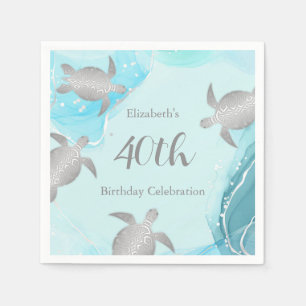 Silver Sea Turtles Blue Ink    Custom Birthday Napkin