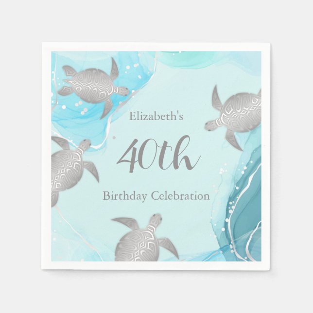 Silver Sea Turtles Blue Ink  | Custom Birthday Napkin (Front)