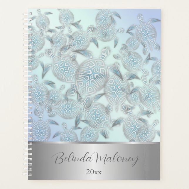 Silver Sea Turtles Pattern | Add Name And Year Planner (Front)