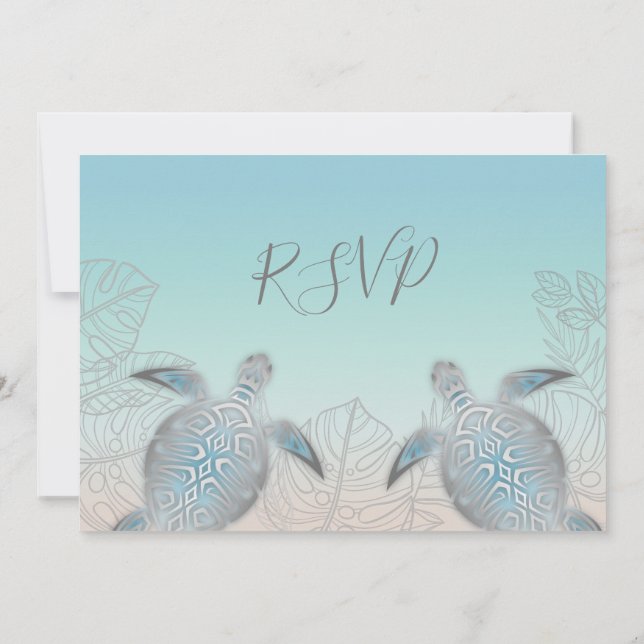 Silver Sea Turtles Turquoise Beach Wedding Invitation (Back)