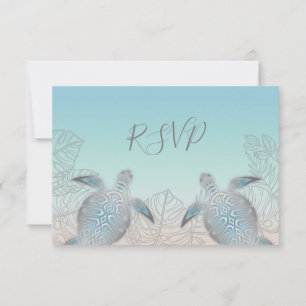 Silver Sea Turtles Turquoise Beach Wedding RSVP Card