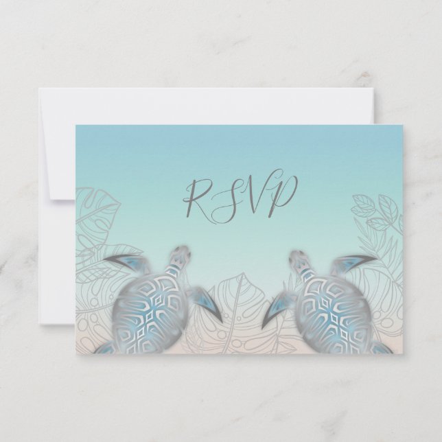 Silver Sea Turtles Turquoise Beach Wedding RSVP Card (Back)