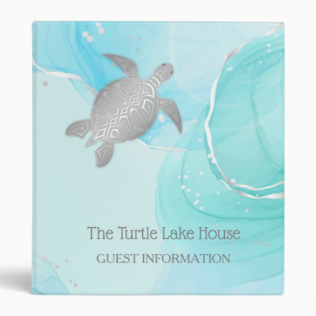 Silver Sea Turtles Turquoise Coastal Custom 3 Ring Binder (Front)